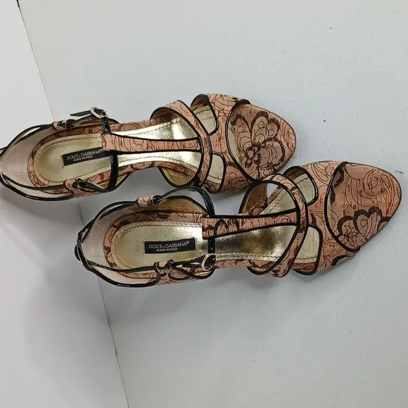 Dolce &amp; Gabbana Tan &amp; Black Cork Style High Heel Strap Sandal  8/39
