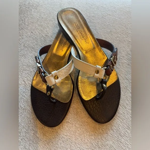 Dolce &amp; Gabbana Vintage Brown White Leather D&amp;G Logo Sandals Vero Cuoio 36 US 6