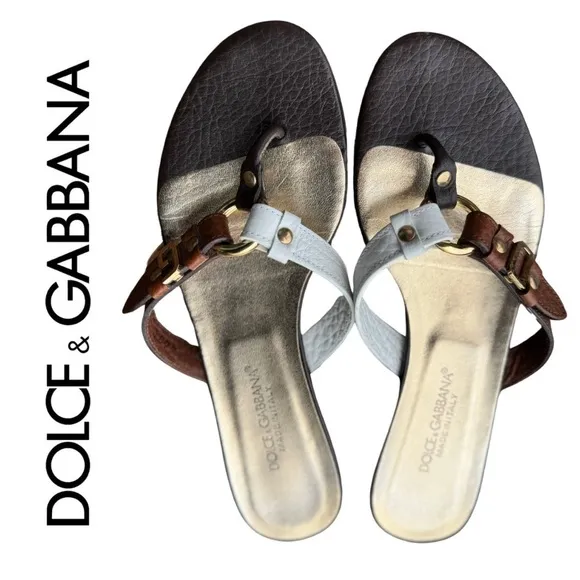 Dolce &amp; Gabbana Vintage Brown White Leather D&amp;G Logo Sandals Vero Cuoio 36 US 6