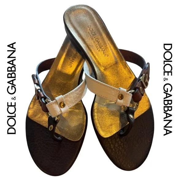 Dolce &amp; Gabbana Vintage Brown White Leather D&amp;G Logo Sandals Vero Cuoio 36 US 6