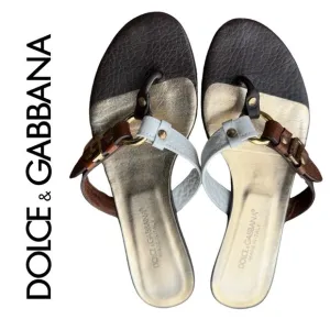 Dolce &amp; Gabbana Vintage Brown White Leather D&amp;G Logo Sandals Vero Cuoio 36 US 6