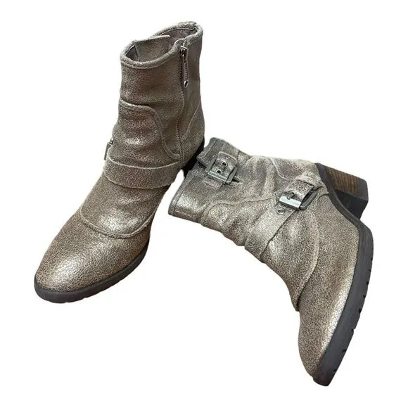 DONALD PLINER Sz 7.5 Leather Gold Glitter Buckle Ankle Delta Boots Feminine