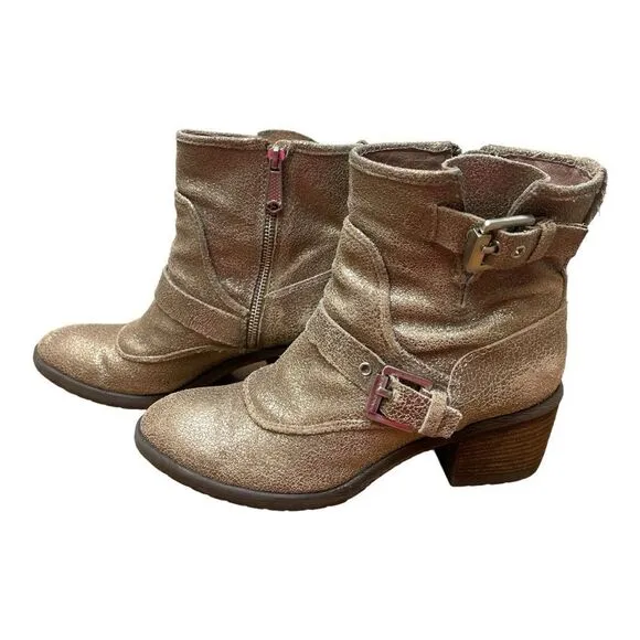 DONALD PLINER Sz 7.5 Leather Gold Glitter Buckle Ankle Delta Boots Feminine