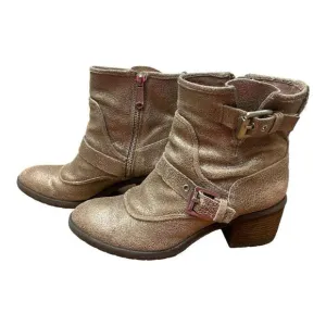 DONALD PLINER Sz 7.5 Leather Gold Glitter Buckle Ankle Delta Boots Feminine
