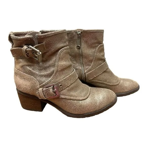 DONALD PLINER Sz 7.5 Leather Gold Glitter Buckle Ankle Delta Boots Feminine