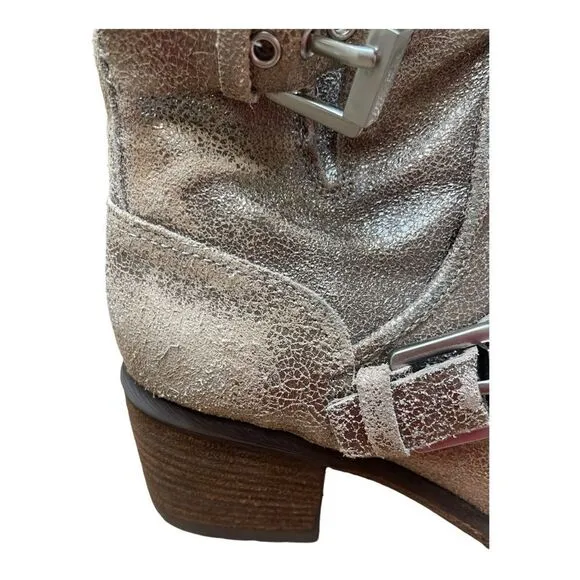 DONALD PLINER Sz 7.5 Leather Gold Glitter Buckle Ankle Delta Boots Feminine