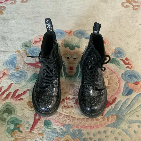Dr. Martens 1460J Cosmic Glitter Sparkles Black Ankle Zip Boots Youth Sz 2