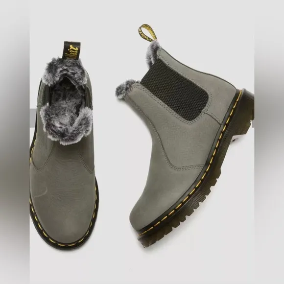 Dr Martens 2976‎ LEONORE NICKEL GREY Nubuck FAUX FUR LINED CHELSEA BOOTS size 11