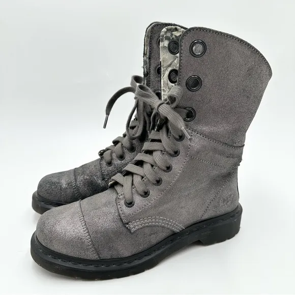 Dr. Martens Metallic Silver Leather Aimilie Lace Up Foldover Boot