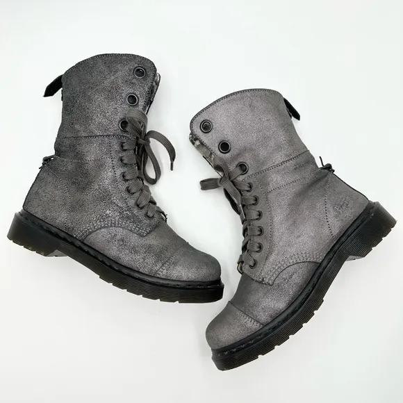 Dr. Martens Metallic Silver Leather Aimilie Lace Up Foldover Boot