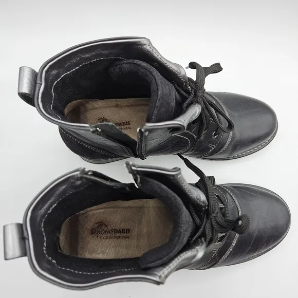 Dromedaris Leather Short Padded Lace-Up Boots Kara Black and Silver 40 / 9.5/10