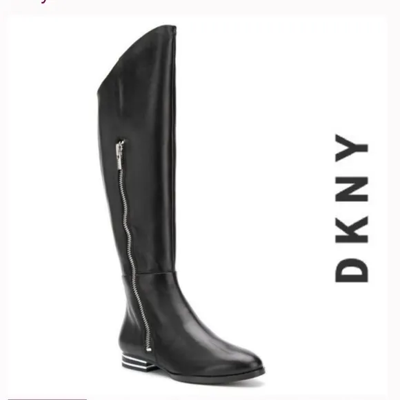 Edgy Chic DKNY Striped Heel Black Leather Boots