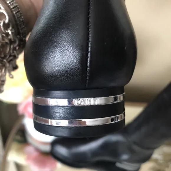 Edgy Chic DKNY Striped Heel Black Leather Boots