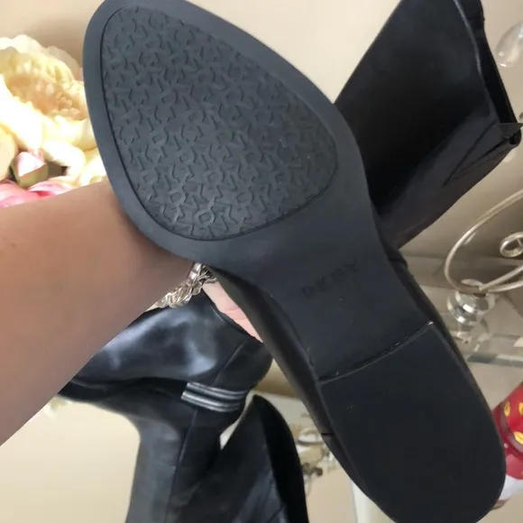 Edgy Chic DKNY Striped Heel Black Leather Boots