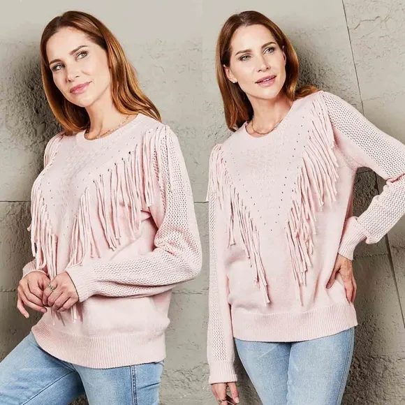 Effortless Fringe Accent Sweater - Pink