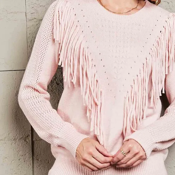 Effortless Fringe Accent Sweater - Pink