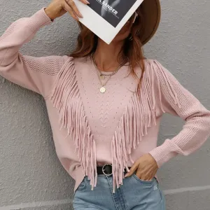 Effortless Fringe Accent Sweater - Pink