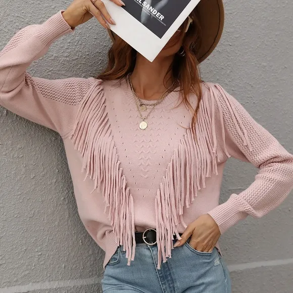 Effortless Fringe Accent Sweater - Pink