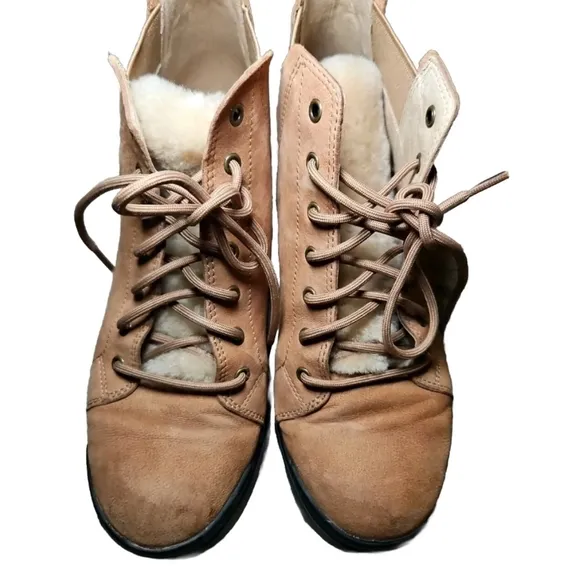 Eileen Fisher Women Calm Tan Suede Shearling Platform Lug Sole Hiker Bootie 7.5
