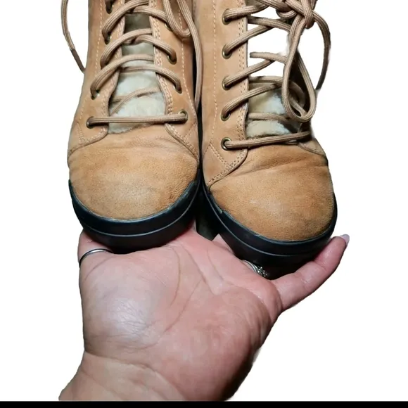 Eileen Fisher Women Calm Tan Suede Shearling Platform Lug Sole Hiker Bootie 7.5