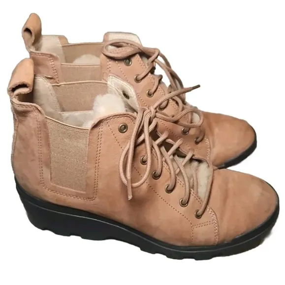 Eileen Fisher Women Calm Tan Suede Shearling Platform Lug Sole Hiker Bootie 7.5