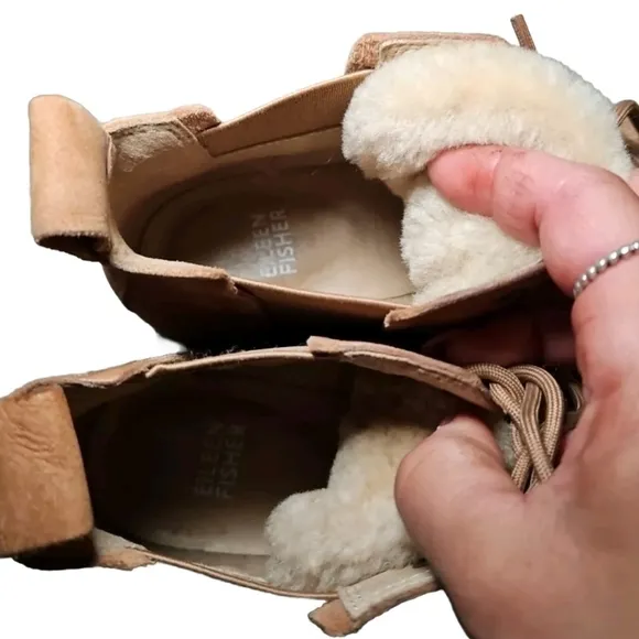 Eileen Fisher Women Calm Tan Suede Shearling Platform Lug Sole Hiker Bootie 7.5