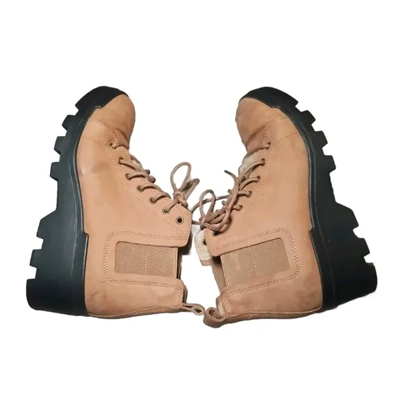 Eileen Fisher Women Calm Tan Suede Shearling Platform Lug Sole Hiker Bootie 7.5