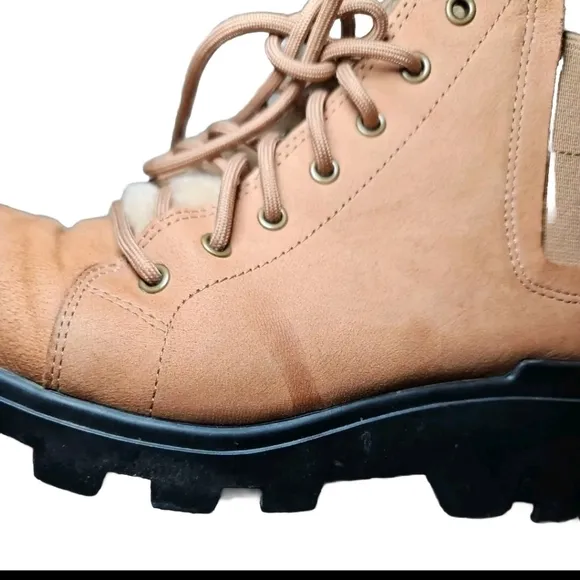 Eileen Fisher Women Calm Tan Suede Shearling Platform Lug Sole Hiker Bootie 7.5