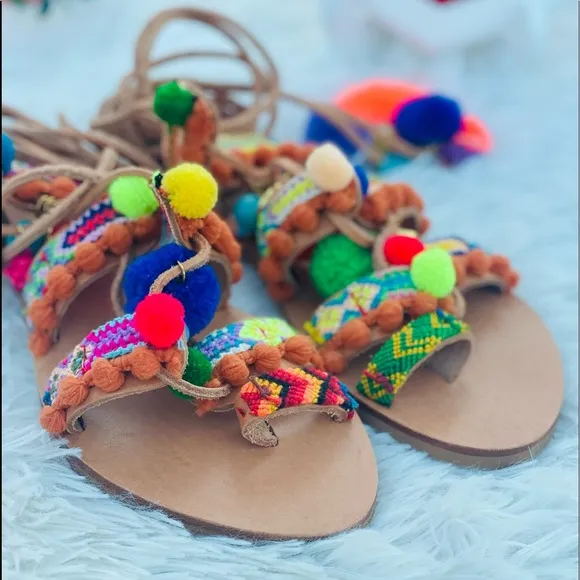 Elina Linardaki Penny Lane Wrap Pom Pom Sandals