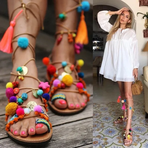 Elina Linardaki Penny Lane Wrap Pom Pom Sandals