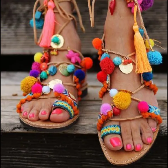 Elina Linardaki Penny Lane Wrap Pom Pom Sandals