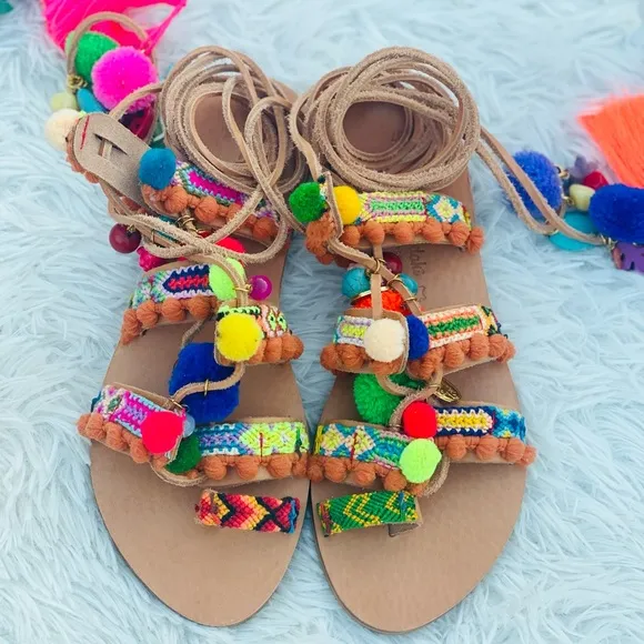 Elina Linardaki Penny Lane Wrap Pom Pom Sandals