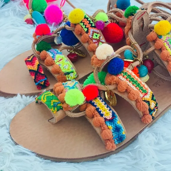 Elina Linardaki Penny Lane Wrap Pom Pom Sandals