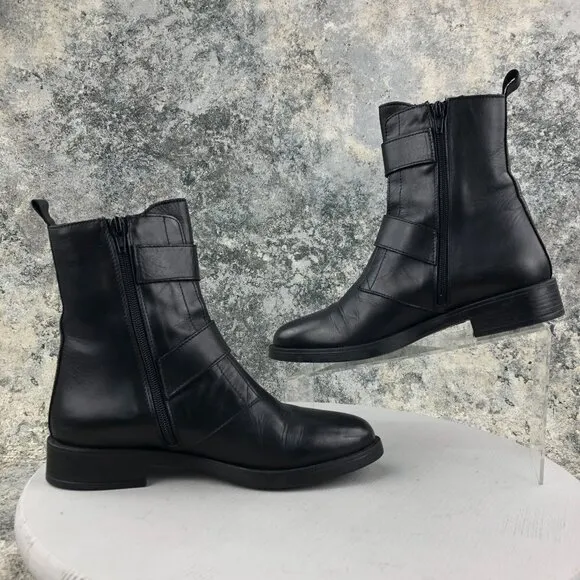 Emanuele Crasto Women's Size 39 Black Leather Double Buckle Moto Boots ITALY