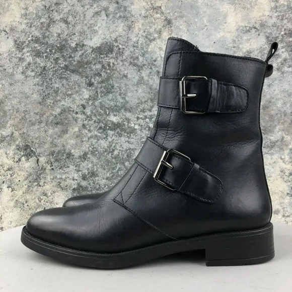 Emanuele Crasto Women's Size 39 Black Leather Double Buckle Moto Boots ITALY