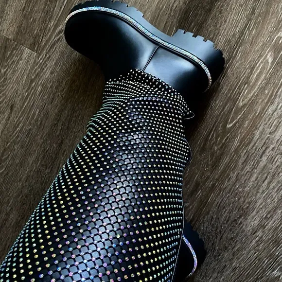 Embellished rhinestone mesh knee boots