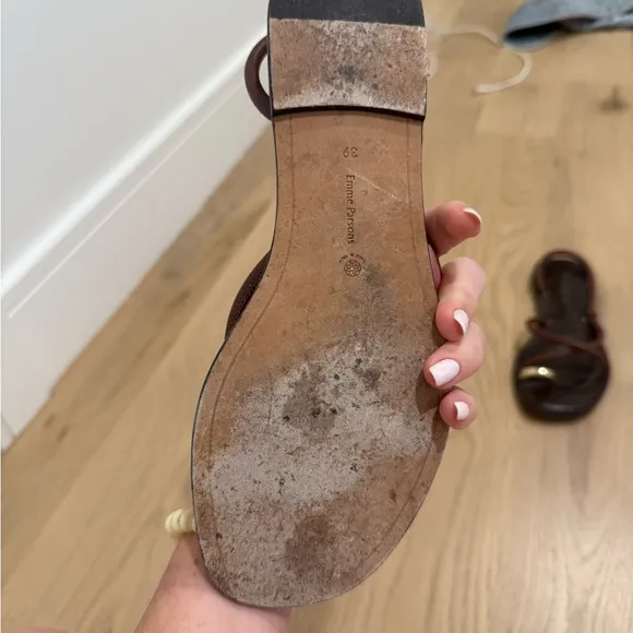 Emme Parsons Laura Brown Leather Sandals with Gold Accents - 2024 season