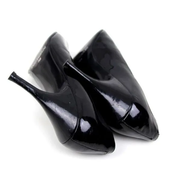 ENZO ANGIOLINI BLACK GENUINE LEATHER ELASTIC POINTED TOE HIGH HEEL SHOES 7.5 M
