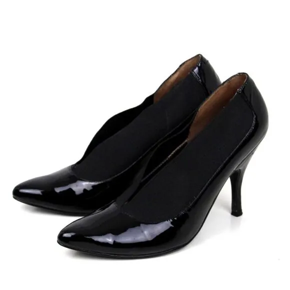 ENZO ANGIOLINI BLACK GENUINE LEATHER ELASTIC POINTED TOE HIGH HEEL SHOES 7.5 M