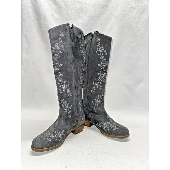 Eric Michael Heidi Knee High Grey Suede Embroidered Boho Western Boots Sz. 6.5