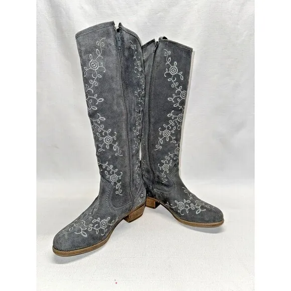 Eric Michael Heidi Knee High Grey Suede Embroidered Boho Western Boots Sz. 6.5