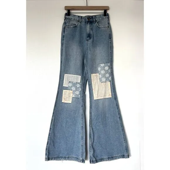 EUC Billabong x Wrangler Patchwork Super Flare Jeans Blue Surf 27 Boho Festival