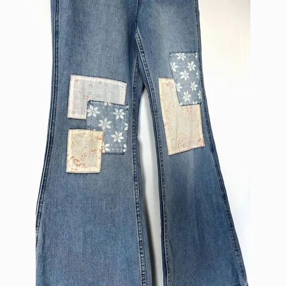 EUC Billabong x Wrangler Patchwork Super Flare Jeans Blue Surf 27 Boho Festival