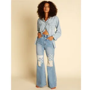 EUC Billabong x Wrangler Patchwork Super Flare Jeans Blue Surf 27 Boho Festival