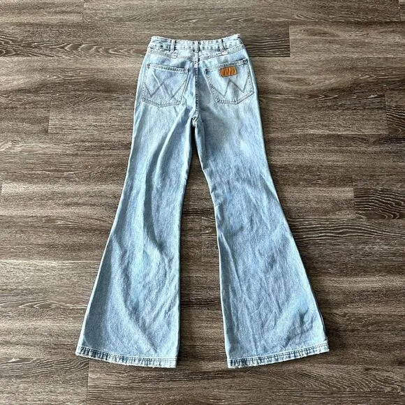 EUC Billabong x Wrangler Patchwork Super Flare Jeans Blue Surf 27 Boho Festival