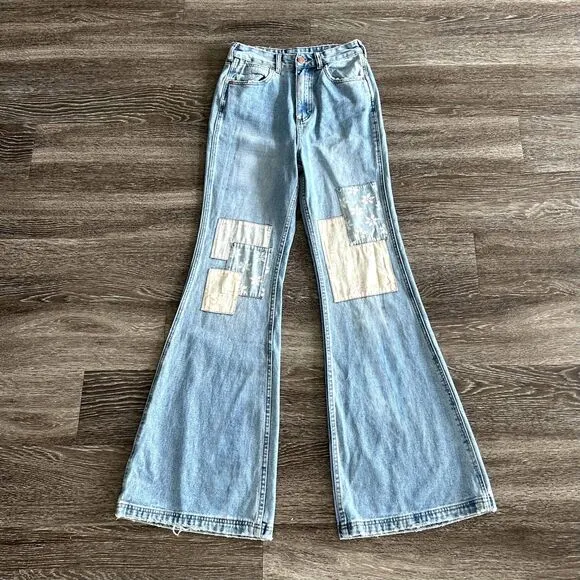 EUC Billabong x Wrangler Patchwork Super Flare Jeans Blue Surf 27 Boho Festival