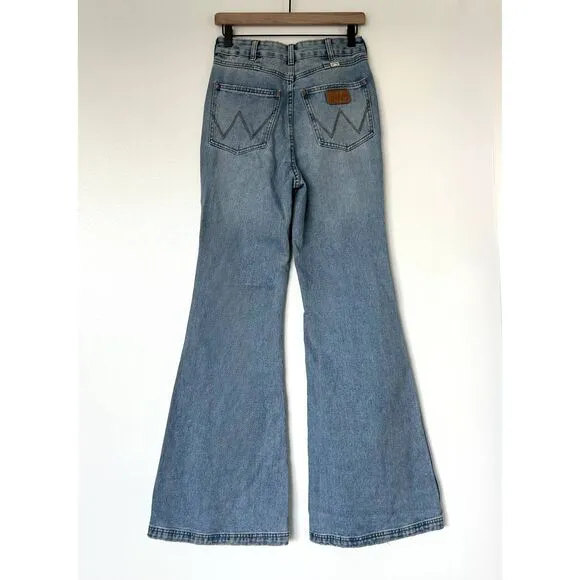 EUC Billabong x Wrangler Patchwork Super Flare Jeans Blue Surf 27 Boho Festival