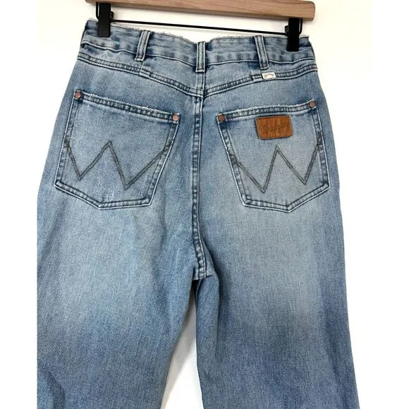 EUC Billabong x Wrangler Patchwork Super Flare Jeans Blue Surf 27 Boho Festival