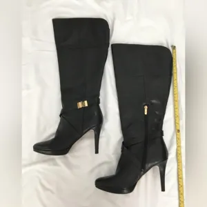 EUC Marc Fisher black platform stiletto knee high leather boots with gold accent