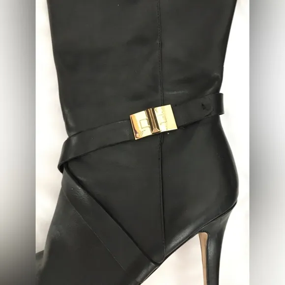 EUC Marc Fisher black platform stiletto knee high leather boots with gold accent